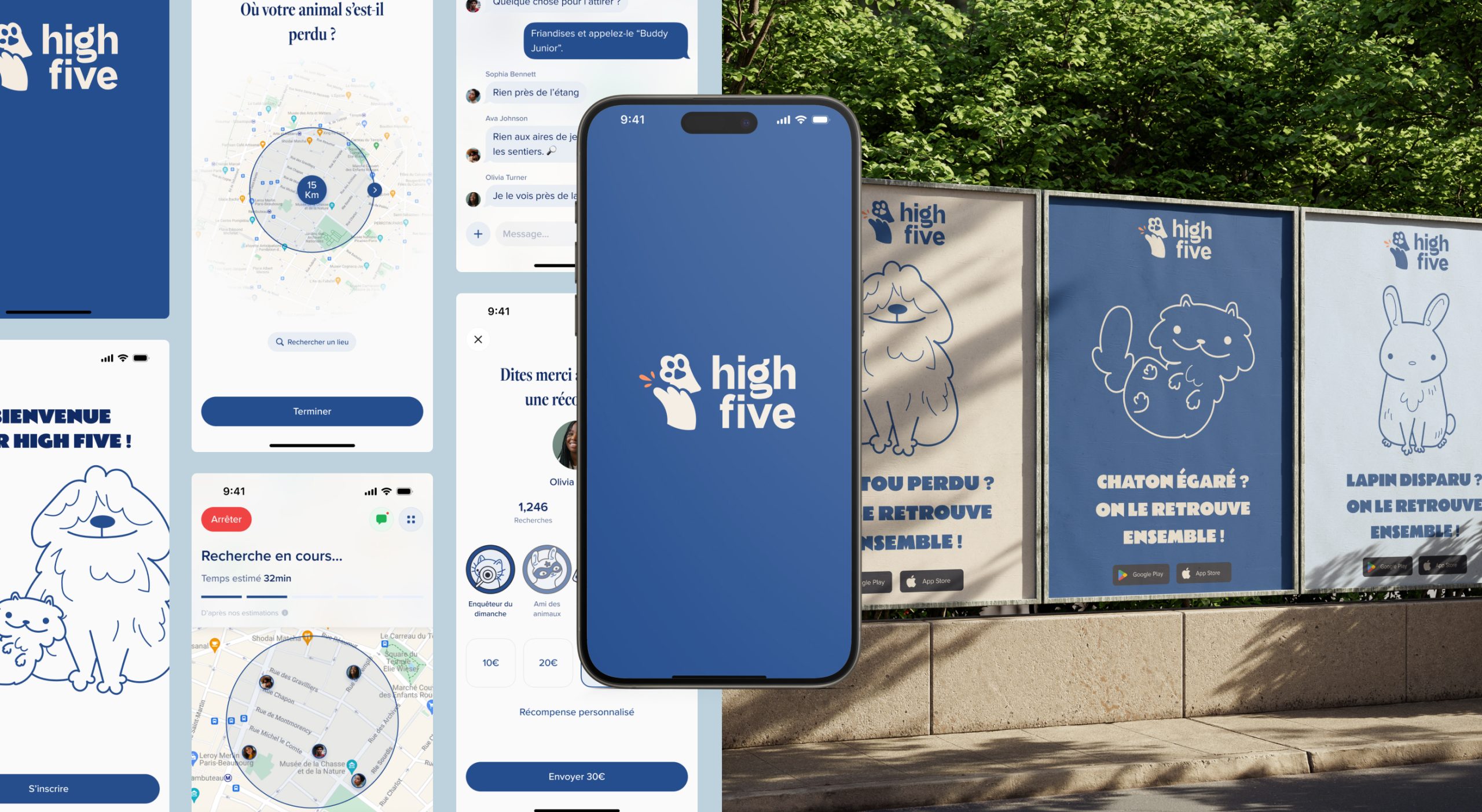 High Five, design UI UX d'une application pour retrouver son animal perdu concue lors de la compétition de fin d'année de l'ECV Digital de Lille (étudiants en Mastère 1 : Quentin HONNART - Camille MELONI - Ines RAHALI - Elisa LEFEBVRE - Fabien LAPERT - Achille DAVID)